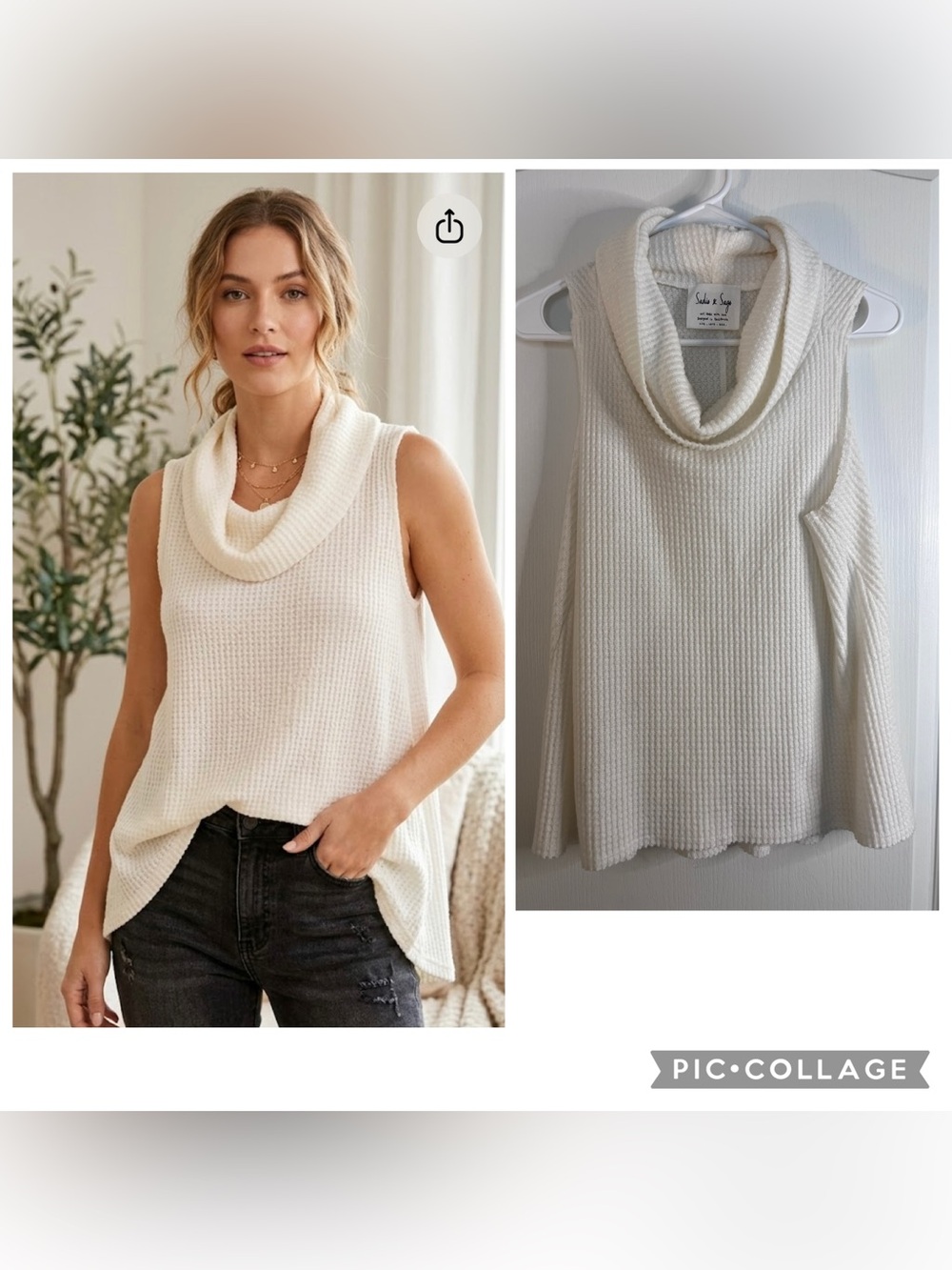 Sadie & Sage Cream Sleeveless Cowl Neck Sweater Tank size M